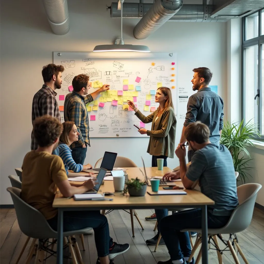 Team collaborating on a project board