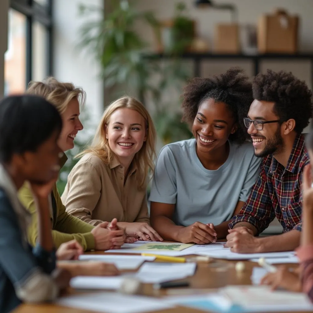 Diverse team members collaborating happily, indicating good cultural fit
